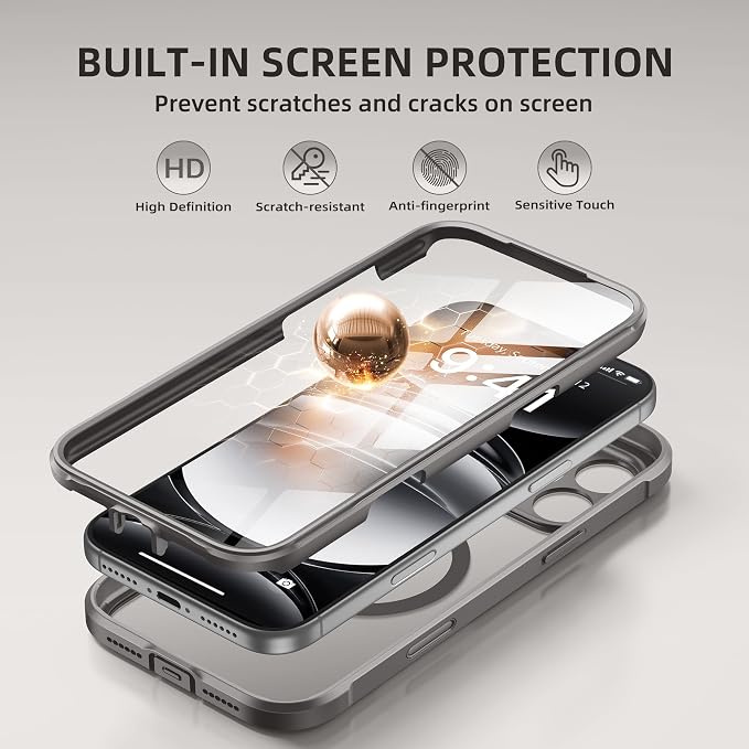 BERFY for iPhone 17 Pro Case, Compatible with MagSafe, Built-in Glass Screen Protector, Camera Protection, Shockproof Full Body Phone case 6.3", Clear Grey
