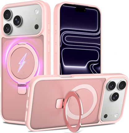 Ultra-Magnetic Stand for iPhone 17 Pro Max Case [Military Drop Protection] [Compatible with MagSafe] Shockproof Translucent Matte Slim Ring Holder Case for iPhone 17 Pro Max (Pink)