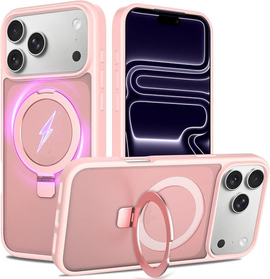 Ultra-Magnetic Stand for iPhone 17 Pro Case [Military Drop Protection] [Compatible with MagSafe] Shockproof Translucent Matte Slim Ring Holder Case for iPhone 17 Pro (Pink)