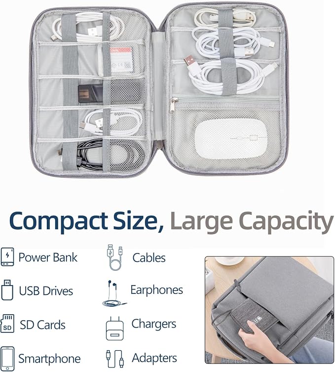 Cord Organizer Travel Case, Cable Organizer Bag for Chargers, USB Cables, Power Bank & Electronics Accessories, Portable Tech Organizer Pouch with Mesh Pockets, Water Resistant Travel Gear Bag