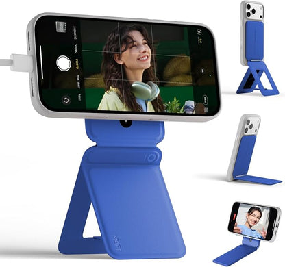 MOFT Phone Stand, Magnetic Phone Tripod Stand Stain-Resistant MOVAS Leather & Angle Adjustment & Strong Magnets Tripod for iPhone 17/16/15/14/13/12 (Included Metal Ring)-Sapphire