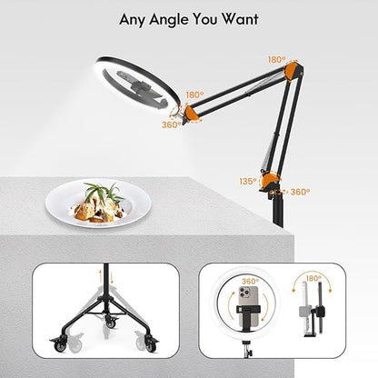 LUXSURE Tripod for iPhone with Ring Light, Overhead Camera Mount with Casters,LED Ring Light with Stand and Phone Holder,Phone Tripod with Light for Video Recording/Live Streaming/Cooking