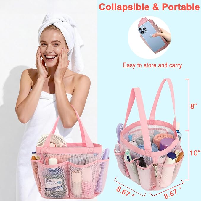 Fammart Mesh Shower Caddy Portable for College Dorm Room Essentials, 8-Pocket Large Shower Basket Tote Bag with 2 Handles for Toiletry, Bathroom, Beach, Camp, Gym