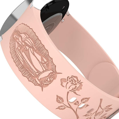 Virgin Mary Lady of Guadalupe Band compatible with Samsung Galaxy Watch Laser Engraved Silicone 20mm Strap 7/6/5/4 40mm 44mm/Watch 6 Classic Watch 4 46mm 42mm Jesus God Wristband Religious (Pink Sand)