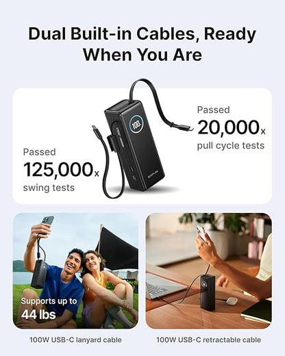 EF ECOFLOW Laptop Power Bank, 25000mAh Rapid Portable Charger, Triple 100W USB-C Ports, Built-in Retractable Cables, Fast Charging for iPhone 17/16 Series, MacBook, Samsung and More