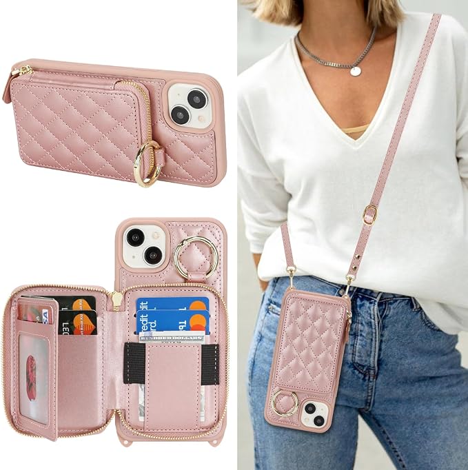 Crossbody Wallet Case for iPhone 14 Plus, PU Leather Zipper Handbag Purse Flip Cover, Kickstand Folio Case with Card Slots Holder Wrist Strap Lanyard 5G 6.7 Inch-Rose Gold