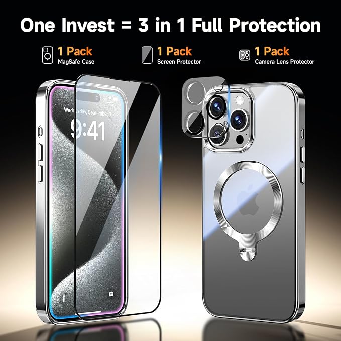 [Tri-Shield Protection] for iPhone 15 Pro Max Case with 360° Spin Stand Compatible with MagSafe [Magnetic CD Ring][Screen & Camera Protector]Shockproof Plating Never-Yellowing, Natural Titanium-6.7"