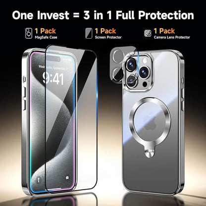 [Tri-Shield Protection] for iPhone 15 Pro Case with 360° Spin Stand Compatible with MagSafe [Magnetic CD Ring][Screen & Camera Lens Protector] Shockproof Plating Never-Yellowing, Natural Titanium-6.1"