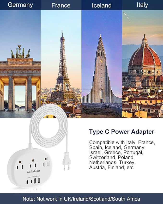 European Travel Plug Adapter, European Extension Cord 3FT | EU Outlet Adapter with 3 USA Outlets and 4 USB, Type C Plug Adapter for Most of Europe Iceland Spain Italy France Germany etc
