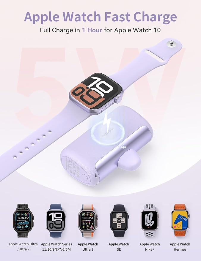 RORRY PalmGo Portable Charger Power Bank 10000mAh 3-in-1 Mini Battery Pack | Built-in USB-C Connector, 22.5W Fast Charging, for iPhone 17/16/15, Apple Watch, iPad, Travel Essential, Pocket Size