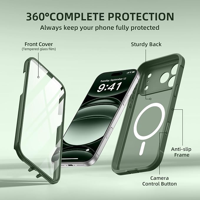 BERFY for iPhone 17 Pro Max Case, Compatible with MagSafe, Built-in Glass Screen Protector, Camera Protection, Shockproof Full Body Phone case 6.9", Translucent Deep Green