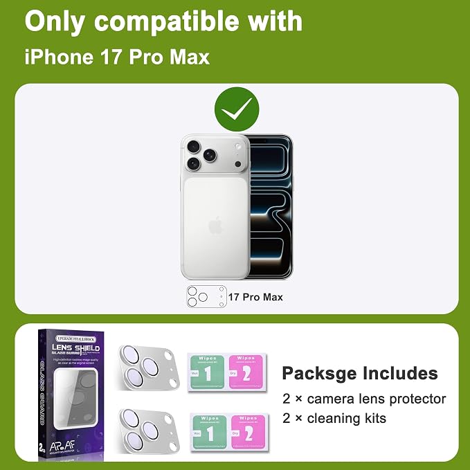 2-Pack Shatterproof Camera Lens Protector for iPhone 17 Pro Max |AR Tempered Glass Strong Adsorption Metal Camera Cover Screen(Silvery)