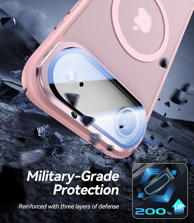 [Upgraded Full Camera Protection] for iPhone Air Case with Camera Cover Stand [Fit for MagSafe][10FT Mil-Grade Protection] Translucent Magnetic Phone Cover for iPhone 17 Air Case, Pink