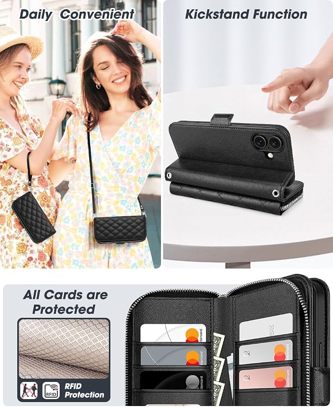 OCASE for iPhone 17 Crossbody Wallet Case - Stylish PU Leather Handbag Phone Purse with Zipper Closure, Card Slots & RFID Blocking - Wrist Strap, Lanyard, Kickstand - Diamond Check Black
