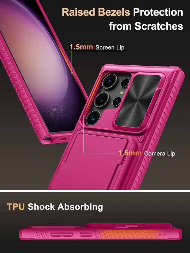 Vihibii for Samsung Galaxy S23 Ultra Case with Card Holder (4 Cards), Slide Camera Cover & Stand, Raised Edges Protect Screen & Military Grade Drop Protection Case for Galaxy S23 Ultra 6.8", Hot Pink