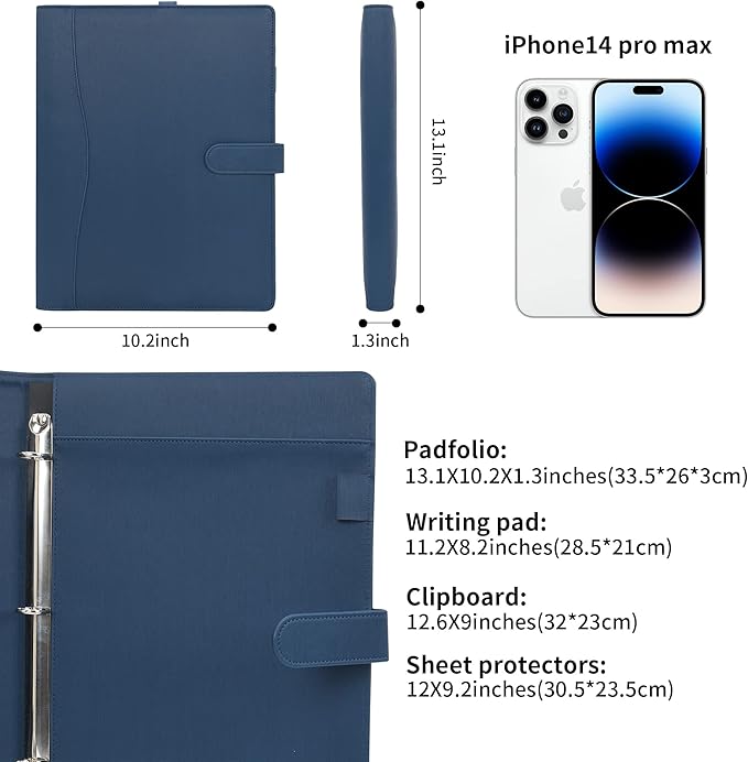 Wonderpool A4 PU Leather Portfolio Holder Ring File Document Case with Removable Binder Clipboard, Multi Pocket and Legal Pad for Business Organizer Interview and Meeting (Cyan)