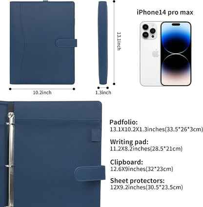 Wonderpool A4 PU Leather Portfolio Holder Ring File Document Case with Removable Binder Clipboard, Multi Pocket and Legal Pad for Business Organizer Interview and Meeting (Cyan)