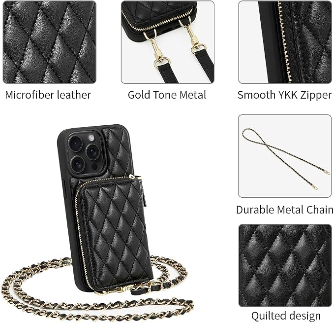 LAMEEKU for iPhone 14 Pro Wallet Case, Quilted Leather Card Holder with Crossbody Chain, Wrist Strap & RFID Protection - 6.1 Inch, Black