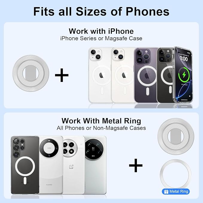 MagSafe Phone Ring Holder, Magnetic Grip Stand Finger Ring Kickstand Dual-Sided Phone Holder for Samsung Galaxy S26 S25 Ultra S24 Z Fold7 Flip7 iPhone 17 Pro Max 17 16e 16 Plus 16 Fit Magnet Car Mount