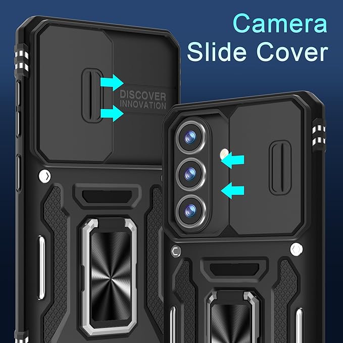 DEERLAMN Case for Samsung Galaxy A37 5G with Slide Camera Cover+Screen Protector (1 Pack), Rotated Ring Kickstand Military Grade Shockproof Protective Cover-Black