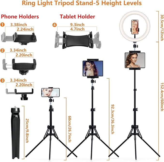 12" Selfie Ring Light with Tripod Stand 72" Tall & Mini Desktop Tripod, PEYOU Ring Light Tripod with 4 Phone Tablet Holders & Shutter for YouTube/Makeup/TikTok/Photography, Compatible with iPhone iPad