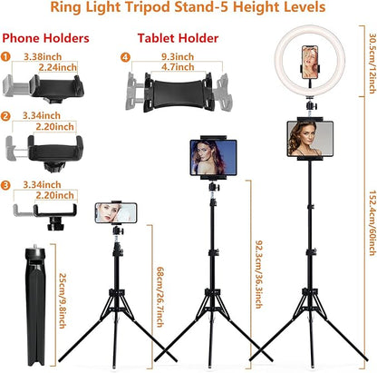 12" Selfie Ring Light with Tripod Stand 72" Tall & Mini Desktop Tripod, PEYOU Ring Light Tripod with 4 Phone Tablet Holders & Shutter for YouTube/Makeup/TikTok/Photography, Compatible with iPhone iPad