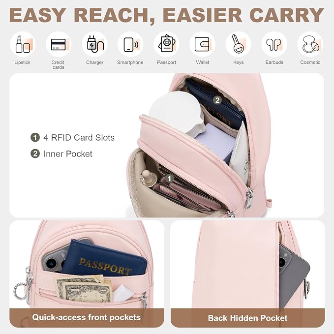 SYTRAH Sling Bag for Women, Anti-Theft RFID Crossbody Bag Nylon Sling Purse for Travel, Puffy Small backpack for Daily Hiking Sports Pink