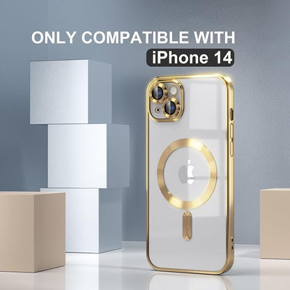 Misea Magnetic for iPhone 14 Case Compatible with MagSafe [Never Yellowing] [Military Grade Drop Protection] Full Camera Lens Protector Plating Soft Clear Phone Case for Women Girls, Gold