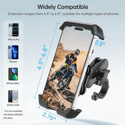 Motorcycle Phone Mount with Vibration Dampener & Security Lock, 720° Adjustable Bike Phone Holder Handlebar, Anti-Theft Motorcycle Phone Holder for iPhone 17/16/15/14/13 Series, 4.5-6.8" Phones