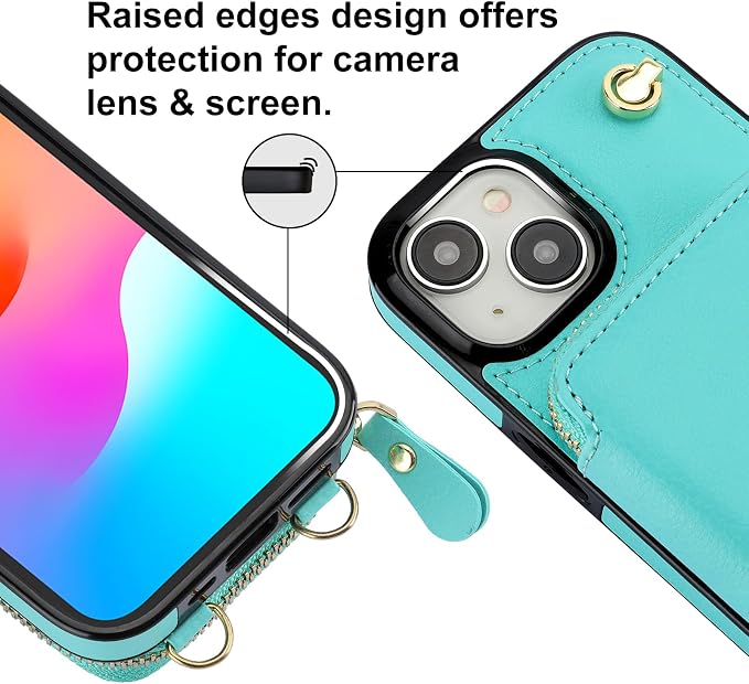 Bocasal Crossbody Wallet Case for iPhone 15, RFID Blocking Leather Purse Case with Card Holder, Protective Handbag Flip Cover with Zipper Wrist Strap Lanyard for Women 5G 6.1 Inch (Mint Green)