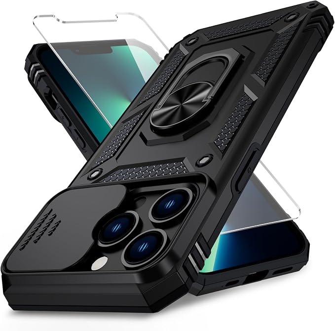 Weycolor for iPhone 13 Pro Case with Camera Lens Cover, HD Screen Protector, 10 FT Military Grade Drop Protection, Magnetic Ring Holder Kickstand Protective Phone Case for iPhone 13 Pro, Black
