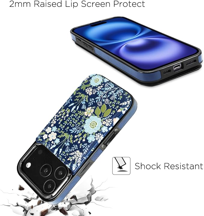 uCOLOR for iPhone 17 Pro Max Wallet Case with Card Holder PU Leather RFID Blocking Design iPhone 17 Pro Max flip case for Women Men Magnetic Clasp Kickstand Design 6.9 inch (Blue Daisy)