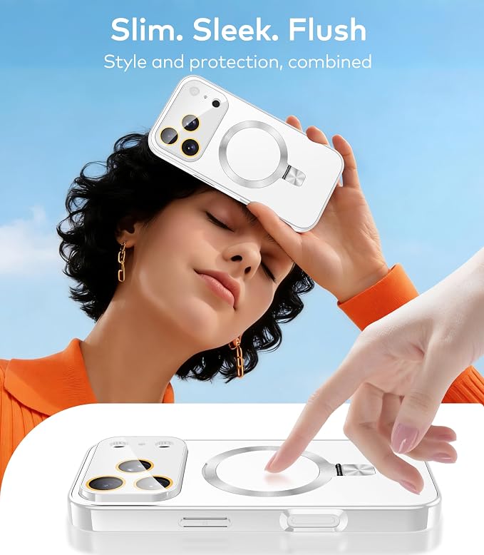 Magnetic for iPhone 17 Pro Max Case with Ring Stand, Fits MagSafe, with Built-in Camera Lens Protector, Slim Electroplated Shockproof Phone Cover, Silver