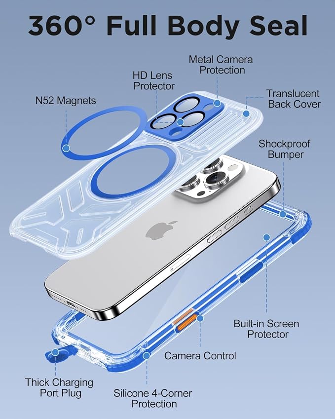 for iPhone 16 Pro Waterproof Case with Magsafe, Built-in [Camera & Screen Protector] [Lanyard], IP68 Water Proof Full Body Dustproof Heavy Duty Frosted Protective Phone Cover, 6.3" Blue