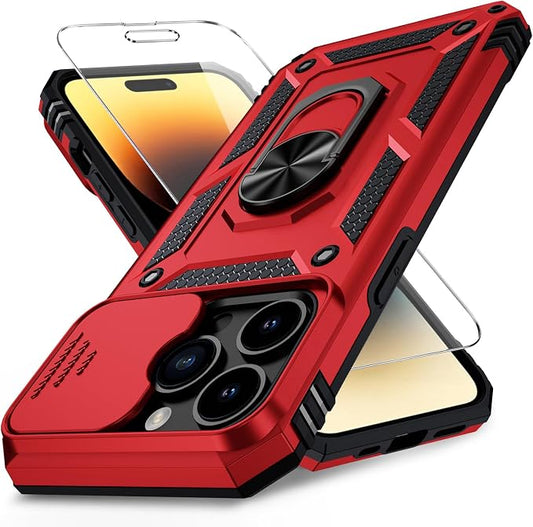 Vinve for iPhone 14 Pro Max Case with Slide Lens Cover HD Screen Protector, Military Grade Drop Protection, Magnetic Rotated Ring Holder Kickstand Protective Phone Case (Red)
