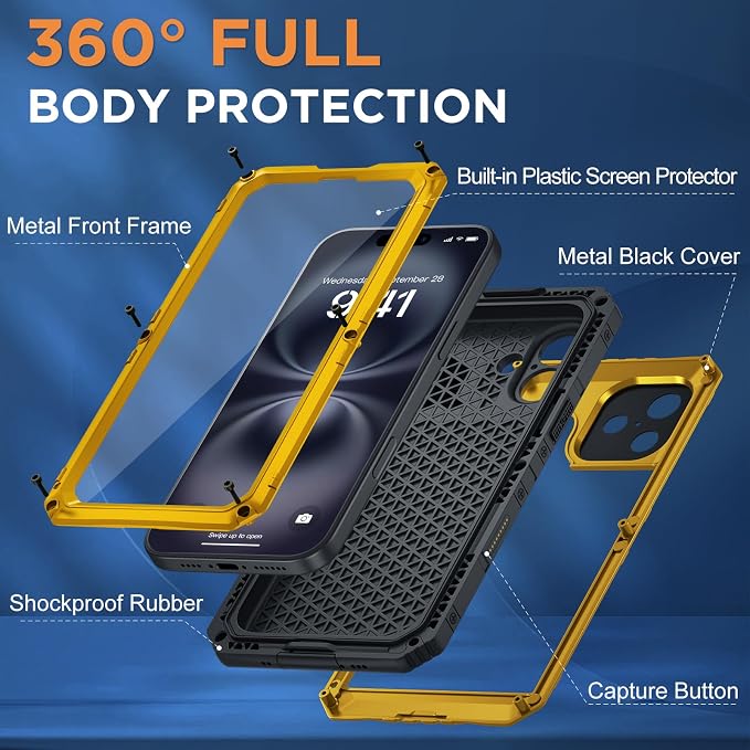 Beasyjoy for iPhone 16 Plus Case Waterproof, Metal Heavy Duty Full Body Protective Case with Built-in Screen Protector, Military Grade Shockproof Dustproof Cover for iPhone 16 Plus 6.7", Yellow