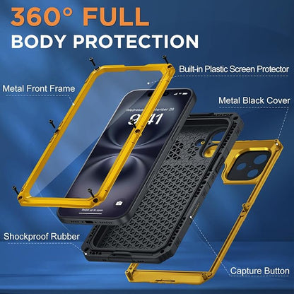 Beasyjoy for iPhone 16 Plus Case Waterproof, Metal Heavy Duty Full Body Protective Case with Built-in Screen Protector, Military Grade Shockproof Dustproof Cover for iPhone 16 Plus 6.7", Yellow