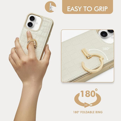 CUSTYPE Compatible with iPhone 17 Wallet Case with Card Holder,180°Ring Holder Kickstand Card Slots Case,PU Leather Protective Case for iPhone 17 6.3 inch-Beige