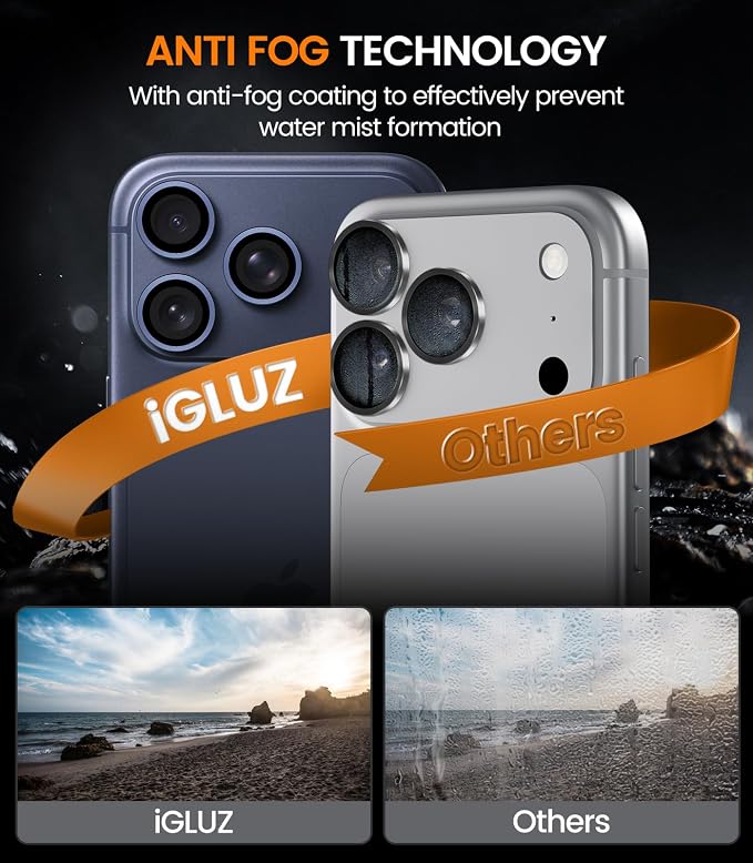iGluz 2 Pack Anti-Reflection Camera Lens Protector for iPhone 17 Pro Max/iPhone 17 Pro [98% Transmittance][1-Step Installation][Strong Adsorption] 9H Shatterproof Tempered Glass-Blue Titanium