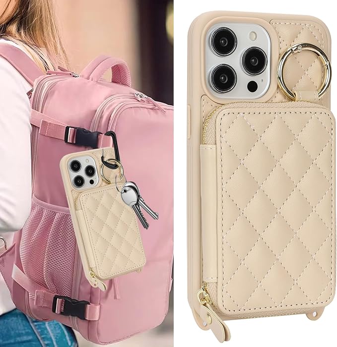 Crossbody Wallet Case for iPhone 14 Pro Max, PU Leather Zipper Handbag Purse Flip Cover, Kickstand Folio Case with Card Slots Holder Wrist Strap Lanyard 5G 6.7 Inch-White