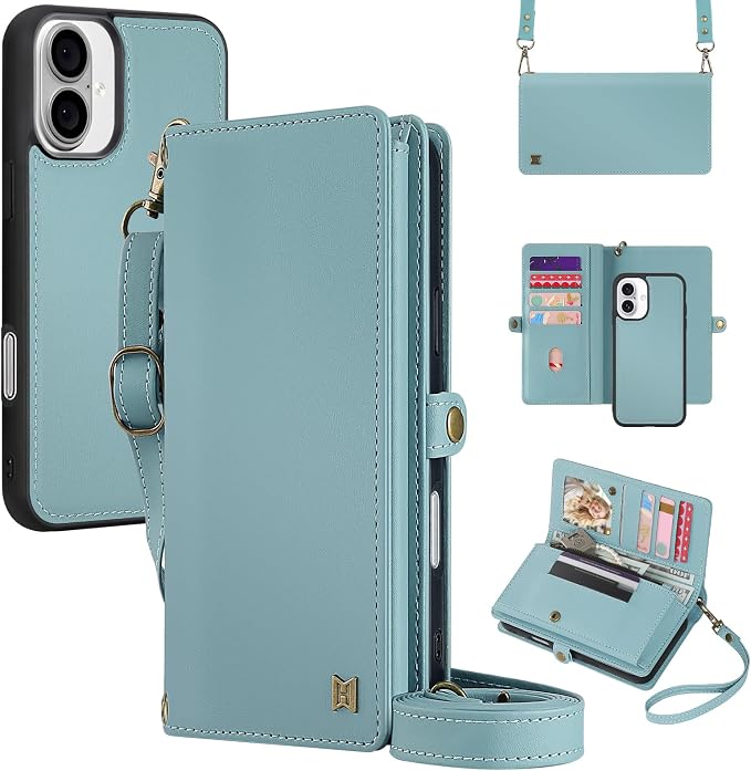 for Wallet Case Compatible with iPhone 16,Multi-Function Detachable 2 in 1 Magnetic iPhone 16 Case Wallet,Flip Strap Zipper Card Holder Phone Case with Shoulder Straps (Blue)