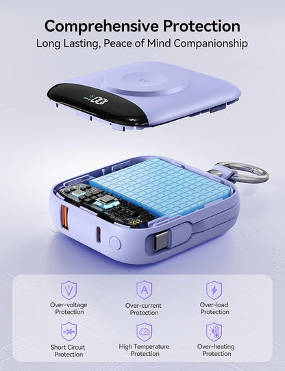 Portable Charger Power Bank, 10000mAh Fast Charging Power Bank with Built-in Cables, Travel Keychain Battery Pack with LED Display for iPhone Samsung Android iPad iWatch Charger 11/10/9/8/Ultra,Purple