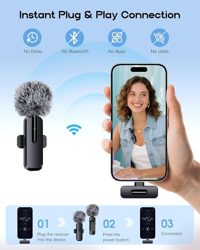 Wireless Mini Microphone for iPhone - 2 Pack Lavalier Microphone for Video Recording, 2 in 1 Noise Reduction Lapel Mic for Ipad, Android,Clip-on Mini Mic with Charging Case