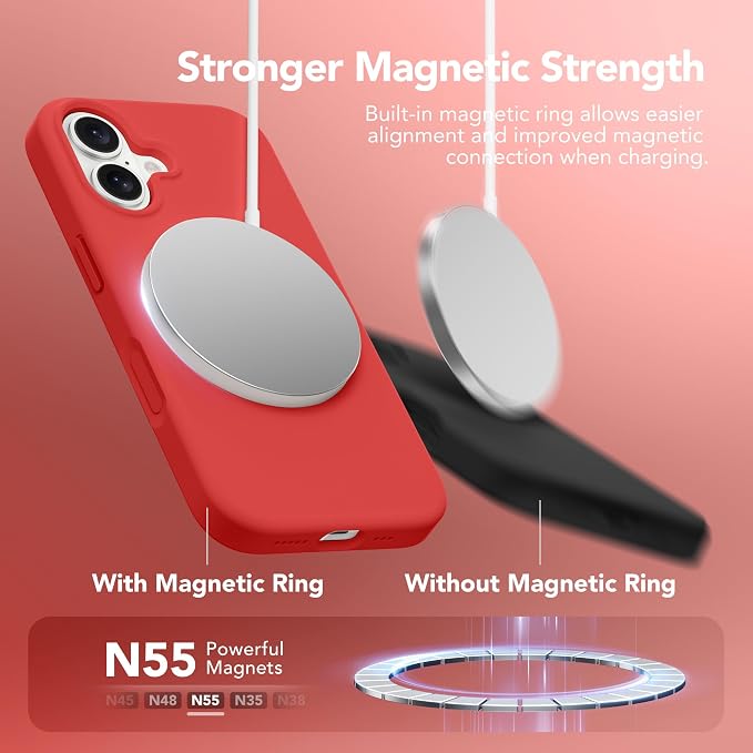 GONEZ Magnetic for iPhone 17 Case, Compatible with MagSafe, [Screen Protector + Camera Lens Protector], Liquid Silicone Anti-Scratch Shockproof Protective Phone Case 6.3 inch, Red