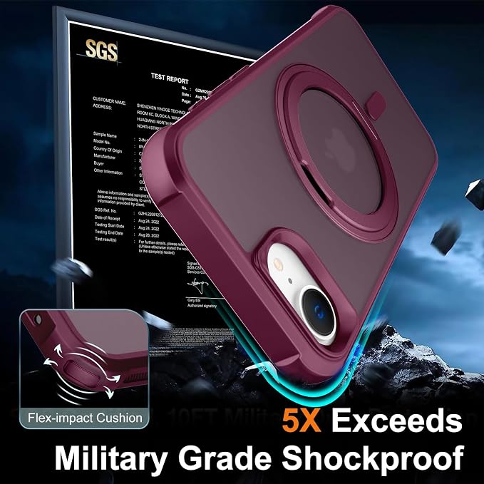 360° Magnetic Swivel Ring for iPhone 16E & 17E Case, Built-in Metal Stand and Ring Holder, Magsafe Compatible, Military Grade Protection, Shock and Vibration Resistant - Wine Red