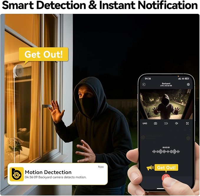 4MP Window Camera, 2.4GHz & 5.8GHz WiFi 6 Indoor Camera with Phone App, Cameras for Home Security with Full Color Night Vision, AI Person & Motion Detection, 24/7 Recording, Compatible with Alexa