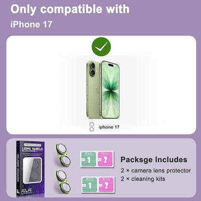 2 Pack Camera Lens Protector for iPhone 17,[Not Easy to Breakn ] AR Tempered Glass Strong Adsorption Metal Camera Cover Screen-Light Green