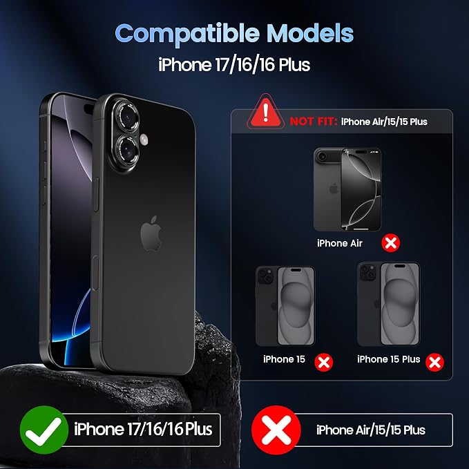 CACOE Camera Lens Protector for iPhone 16/16 Plus/17 - Metal Frame Tempered Glass Cover, [Anti-Scratch] [Drop-Proof][Strong-Adhesion] Camera Screen Cover (Black)
