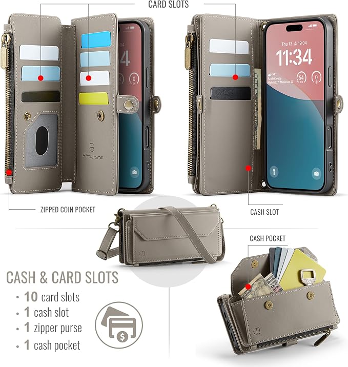Strapurs Wallet Case Compatible with iPhone 16 Plus 6.7" RFID Blocking 10-Card Holder Soft PU Leather Magnetic Snap Shoulder Strap Zipper Pocket Phone Case Fit for iPhone 16 Plus - Grey