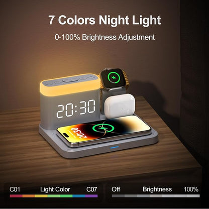 ANJANK Wireless Charging Station with Alarm Clock & Night Light,Magnetic 5 in 1 Charger Stand for Multiple-Device,Charging Dock for iPhone 17 16 15 14 13 12 Pro Max Plus,Apple Watch,Airpods,Nightstand